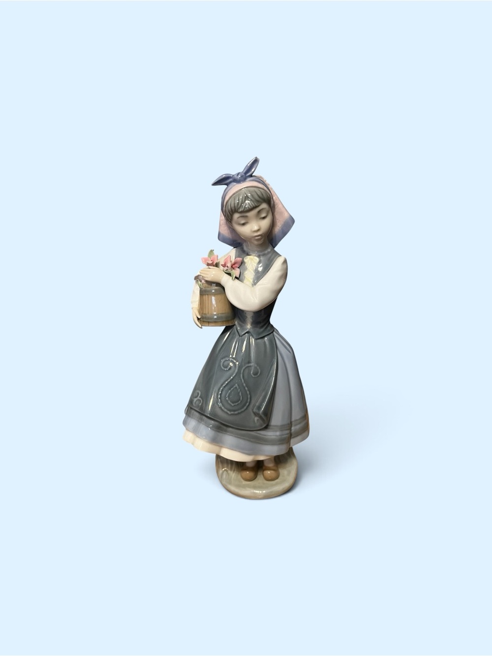 Lladro Porcelain Girl Figurine in Blue, Gray and Pink